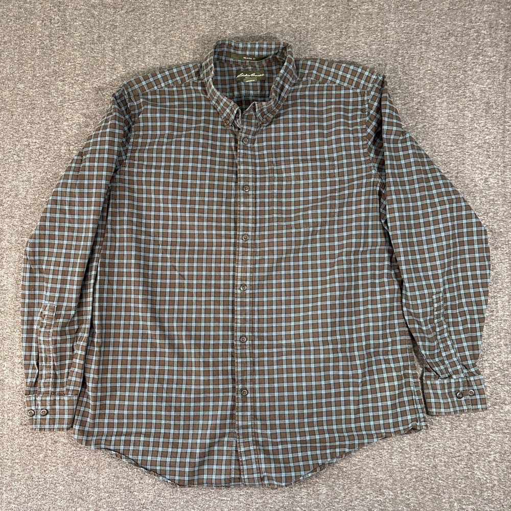 Eddie Bauer Men's Large Brown Plaid Button Down Long Sleeve Shirt 100% Cotton
